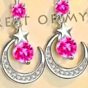 Pink Moon & Star Drop Pendant Earrings Inlaid Zircon Hypoallergenic, Nickel-Free